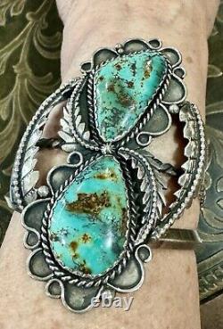 STUNNING Sterling Silver NAVAJO DOUBLE ROYSTON TURQUOISE 3L Bead CUFF BRACELET