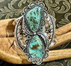 STUNNING Sterling Silver NAVAJO DOUBLE ROYSTON TURQUOISE 3L Bead CUFF BRACELET