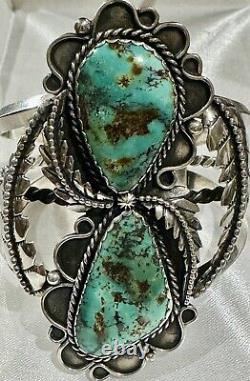 STUNNING Sterling Silver NAVAJO DOUBLE ROYSTON TURQUOISE 3L Bead CUFF BRACELET