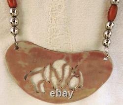 STUNNING VINTAGE NATIVE AM'BUFFALO' GORGET NECKLACE WithHORN & SILVER COLOR BEADS