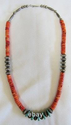 Santo Domingo Indian Turquoise Stone Disc Coral Heishi & Silver Beads Necklace