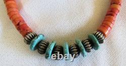 Santo Domingo Indian Turquoise Stone Disc Coral Heishi & Silver Beads Necklace