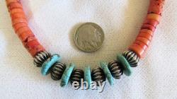 Santo Domingo Indian Turquoise Stone Disc Coral Heishi & Silver Beads Necklace