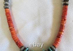 Santo Domingo Indian Turquoise Stone Disc Coral Heishi & Silver Beads Necklace