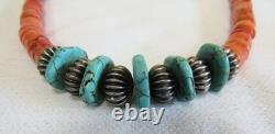 Santo Domingo Indian Turquoise Stone Disc Coral Heishi & Silver Beads Necklace