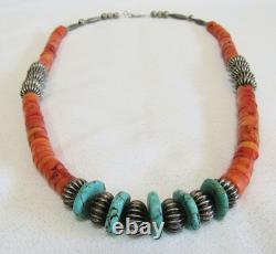 Santo Domingo Indian Turquoise Stone Disc Coral Heishi & Silver Beads Necklace Santo Domingo Indian Turquoise Stone Disc Coral Heishi & Silver Beads Necklace