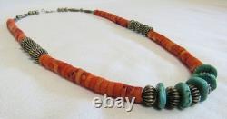 Santo Domingo Indian Turquoise Stone Disc Coral Heishi & Silver Beads Necklace