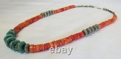 Santo Domingo Indian Turquoise Stone Disc Coral Heishi & Silver Beads Necklace