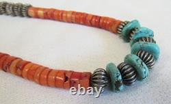 Santo Domingo Indian Turquoise Stone Disc Coral Heishi & Silver Beads Necklace