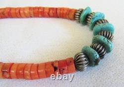 Santo Domingo Indian Turquoise Stone Disc Coral Heishi & Silver Beads Necklace