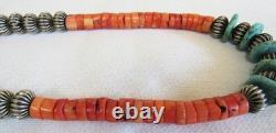 Santo Domingo Indian Turquoise Stone Disc Coral Heishi & Silver Beads Necklace