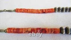 Santo Domingo Indian Turquoise Stone Disc Coral Heishi & Silver Beads Necklace
