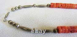 Santo Domingo Indian Turquoise Stone Disc Coral Heishi & Silver Beads Necklace