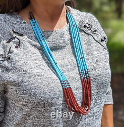 Santo Domingo Pueblo 5 Strands Necklace, Turquoise Coral Heishi Beads Jewelry