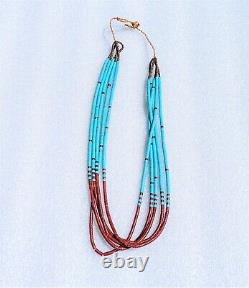 Santo Domingo Pueblo 5 Strands Necklace, Turquoise Coral Heishi Beads Jewelry
