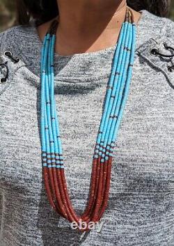 Santo Domingo Pueblo 5 Strands Necklace, Turquoise Coral Heishi Beads Jewelry