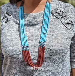 Santo Domingo Pueblo 5 Strands Necklace, Turquoise Coral Heishi Beads Jewelry