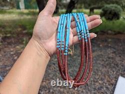 Santo Domingo Pueblo 5 Strands Necklace, Turquoise Coral Heishi Beads Jewelry