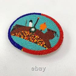 Seed Bead Native American handmade belt buckle Leather Beaded Paddle Steam Boat