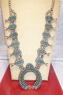 Signed G T Hand Cut Needle Point Turquoise Sterling Silver Navajo Squash Blossom