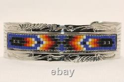 Signed Native American Navajo Made Silver & Beaded Bracelet