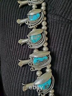 Signed WL Native American Sterling & Turquoise Squash Blossom Naja Necklace 471g