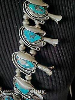 Signed WL Native American Sterling & Turquoise Squash Blossom Naja Necklace 471g
