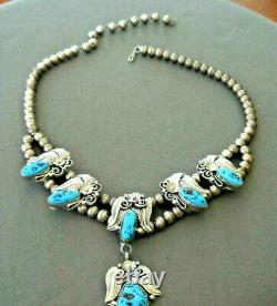 Southwestern Native American Navajo Turquoise Sterling Silver Bead Necklace Y