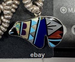 Sterling 925 Beaded Necklace & JM(James Mason) Marked Navajo Bear Inlaid Pendant