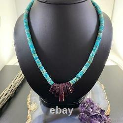 Sterling Silver Heishi Turquoise Disk Beads &Purple Spiny Oyster Shell Necklace