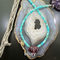 Sterling Silver Heishi Turquoise Disk Beads &Purple Spiny Oyster Shell Necklace