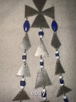 Sterling Silver Native Amazing Necklace Made With Antique Beads And Silk Ribbon