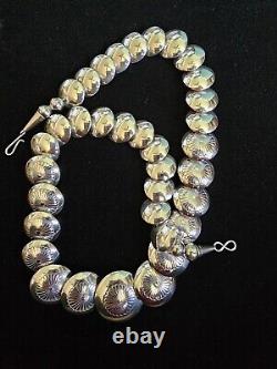 Sterling Silver Native American Navajo Stamped Pillow Beaded Necklace