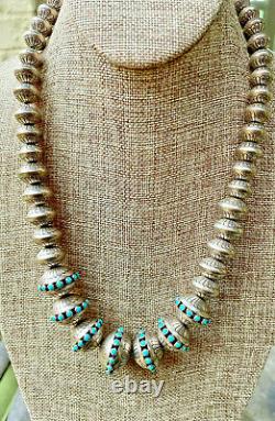Sterling Silver Navajo Hand Carved Pearls Beads Graduated Turquoise 156 grams