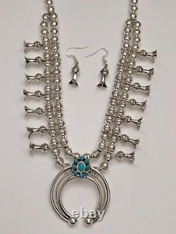 Sterling Silver Navajo Natural Turquoise Plain Beads Squash Blossom Necklace Set