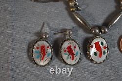 Sterling Silver Zuni Cardinal Red Inlay Mother Of Pearl Native Pendant & Earring