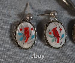 Sterling Silver Zuni Cardinal Red Inlay Mother Of Pearl Native Pendant & Earring