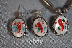 Sterling Silver Zuni Cardinal Red Inlay Mother Of Pearl Native Pendant & Earring