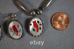 Sterling Silver Zuni Cardinal Red Inlay Mother Of Pearl Native Pendant & Earring