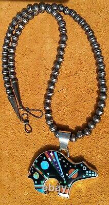 Sterling Silver Zuni Inlay Yei Bear Necklace Signed H LAFAVOR 30.9 Grams 22