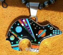 Sterling Silver Zuni Inlay Yei Bear Necklace Signed H LAFAVOR 30.9 Grams 22