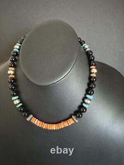 Sterling silver black onyx spiny oyster bead necklace 18 inch