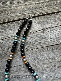 Sterling silver black onyx spiny oyster bead necklace 18 inch