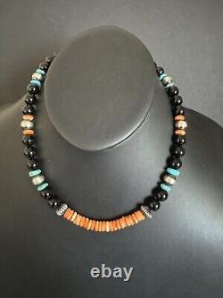 Sterling silver black onyx spiny oyster bead necklace 18 inch