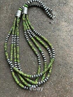 Sterling silver green turquoise multistrand bead necklace 28 inch