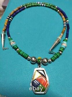 SterlingSilver Pueblo Starry Night Reversable Turquoise/Jet/MOP Inlay Necklace