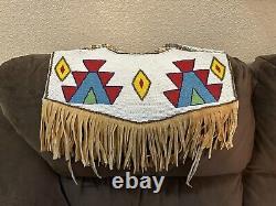 Stunning Native American Hand Sewn Beaded Yoke Collar With Leather Fringes