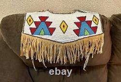 Stunning Native American Hand Sewn Beaded Yoke Collar With Leather Fringes