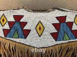 Stunning Native American Hand Sewn Beaded Yoke Collar With Leather Fringes