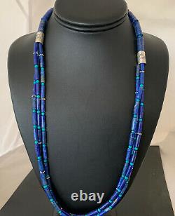 Stunning! Navajo Lapis 3S Sterling Silver Turquoise Bead Necklace 24 1147